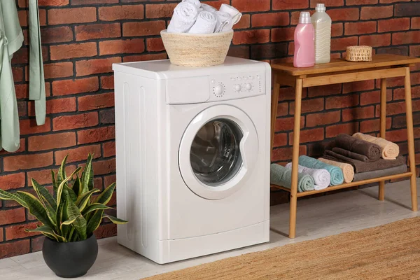 Washing Machine Wooden Console Table Terry Towels Indoors Laundry Room — ストック写真