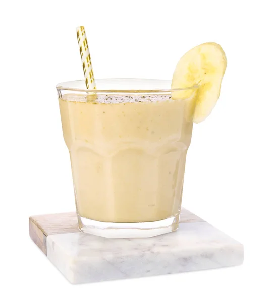Bicchiere Gustoso Frullato Banana Con Paglia Isolata Bianco — Foto Stock