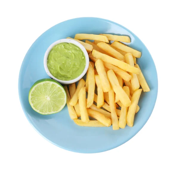 Plate Delicious French Fries Avocado Dip Lime Isolated White Top — Stock Photo, Image