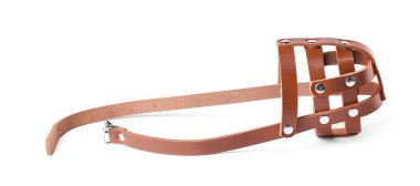 Kahverengi deri köpek ağızlığı beyazda izole edilmiş.