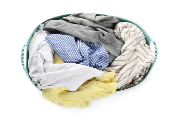 Plastic Laundry Basket Full Clothes Isolated White Top View — 图库照片