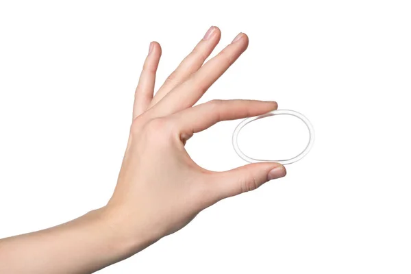 Woman Holding Diaphragm Vaginal Contraceptive Ring White Background Closeup — Stockfoto