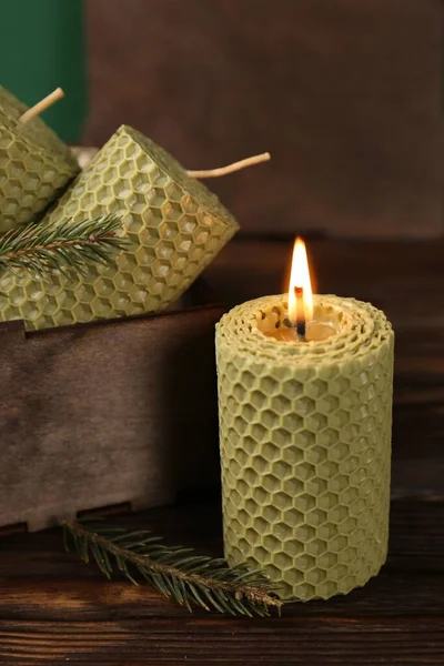 Stylish Elegant Beeswax Candles Spruce Branches Wooden Table — Stock Photo, Image