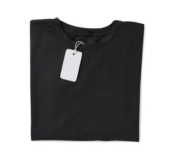 Stijlvol Zwart Shirt Met Label Geïsoleerd Wit Bovenaanzicht — Stockfoto