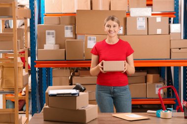 Post office worker with parcel near rack indoors