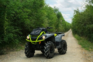 Modern quad bike on pathway near trees outdoors