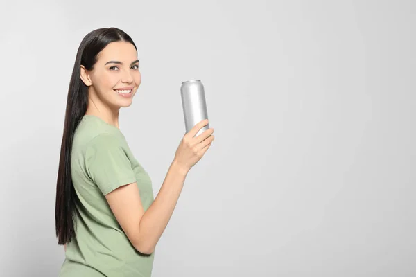 Beautiful Happy Woman Holding Beverage Can Light Grey Background Space — Photo