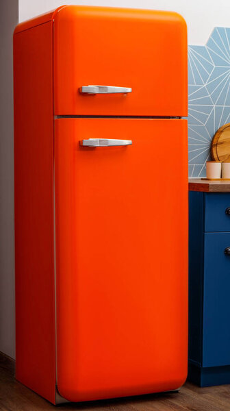 Modern closed refrigerator near colorful wall in kitchen. Domestic appliance
