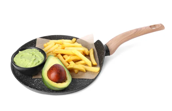 Serveren Pan Met Heerlijke Frietjes Avocado Dip Geïsoleerd Wit — Stockfoto