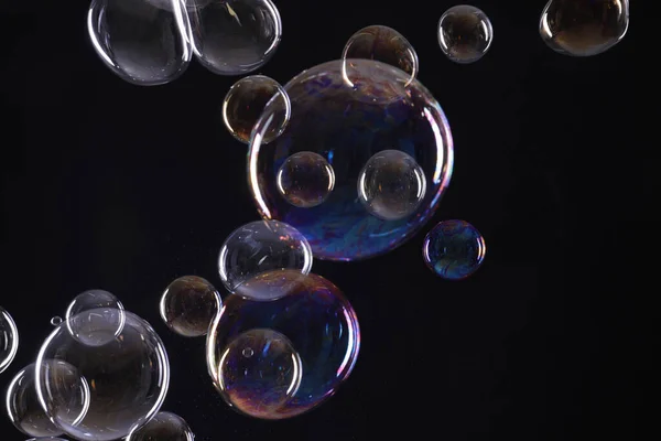 Many Beautiful Soap Bubbles Black Background — Stock Fotó