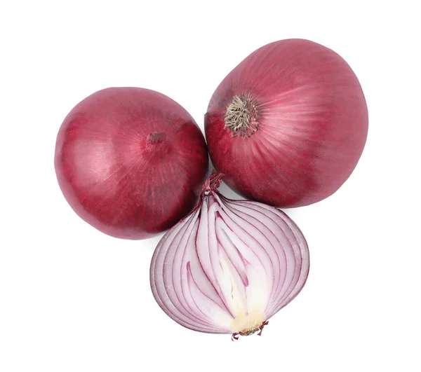 Ripe Fresh Red Onions Isolated White Top View — Zdjęcie stockowe