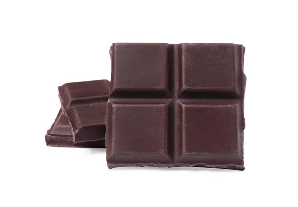 Pedaços Deliciosa Barra Chocolate Escuro Fundo Branco — Fotografia de Stock