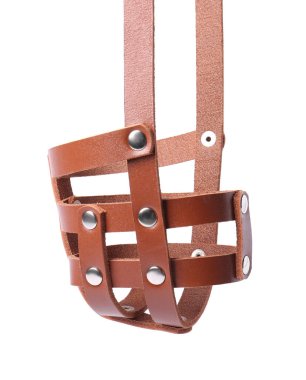 Kahverengi deri köpek ağızlığı beyazda izole edilmiş.