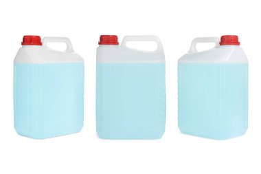 Plastic canister with light blue liquid on white background, different sides clipart