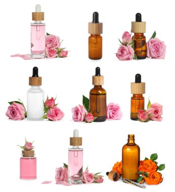 Farklı şişelerde gül yağları ve beyaz arka planda çiçekler, kolaj