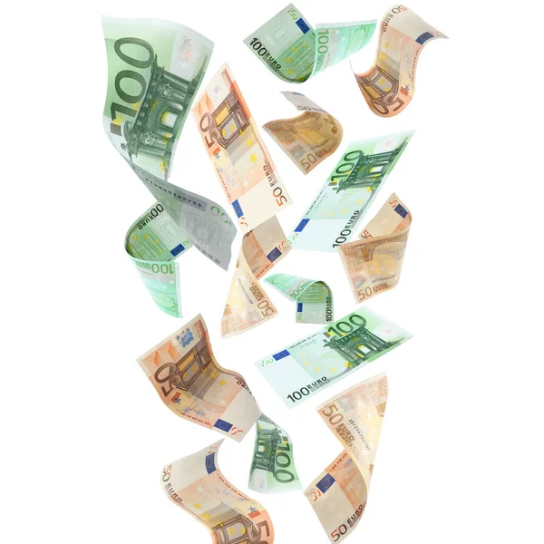 Muitas Notas Euro Voando Sobre Fundo Branco — Fotografia de Stock