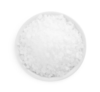Bowl with natural sea salt isolated on white, top view