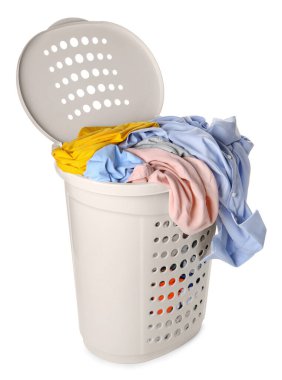 Plastic laundry basket full of clothes isolated on white