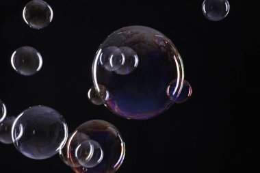 Many beautiful soap bubbles on black background