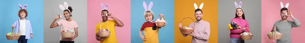 イースターエッグとウサギの耳のヘッドバンドを持つ人々の写真異なる色の背景 コラージュデザイン — ストック写真