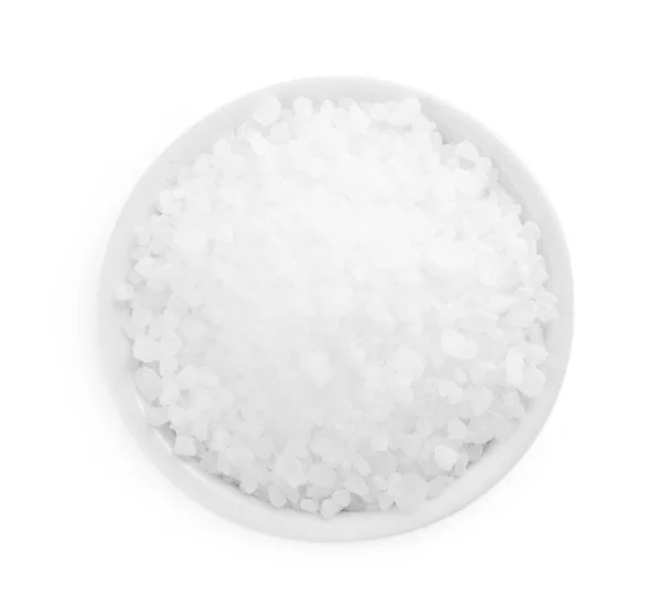 Bowl Natural Sea Salt Isolated White Top View — Stok fotoğraf