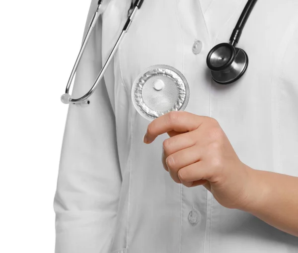 Doctor Holding Blister Emergency Contraception Pill White Background Closeup — Fotografia de Stock
