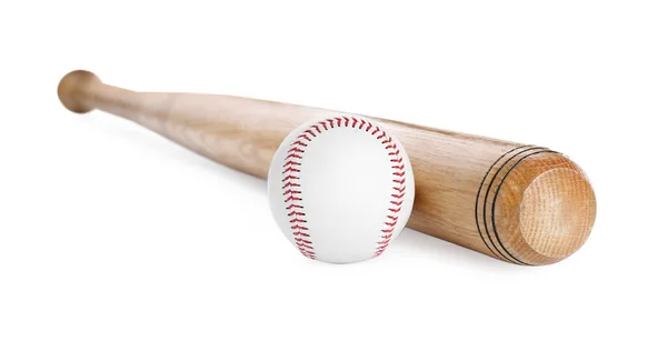 Houten Honkbalknuppel Bal Witte Achtergrond Sportuitrusting — Stockfoto