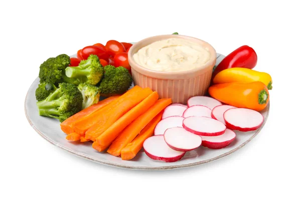 Plate Delicious Hummus Fresh Vegetables White Background — Stock Photo, Image