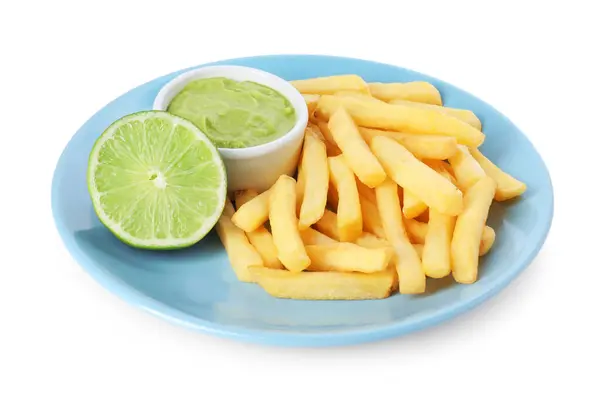 Plate Delicious French Fries Avocado Dip Lime Isolated White — Stockfoto