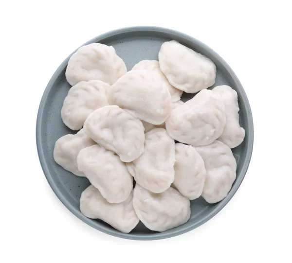 Plate Tasty Dumplings Varenyky White Background Top View — Stok fotoğraf