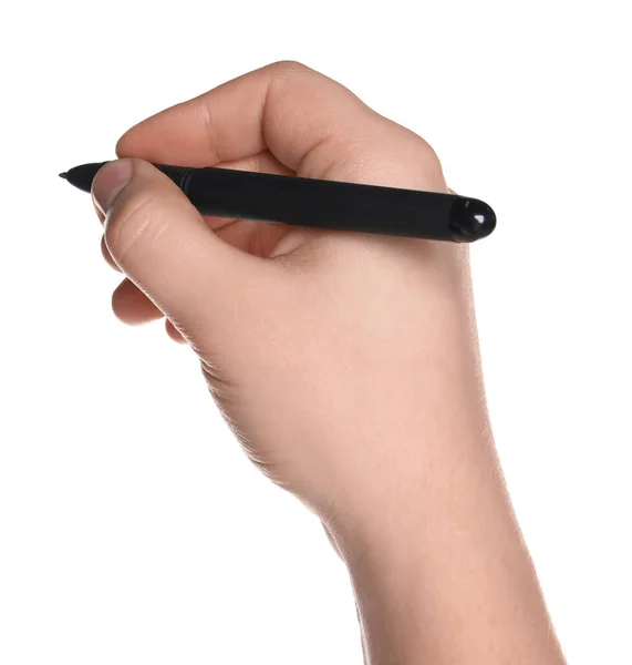 Man Holding Pen White Background Closeup Hand — Stock Photo, Image