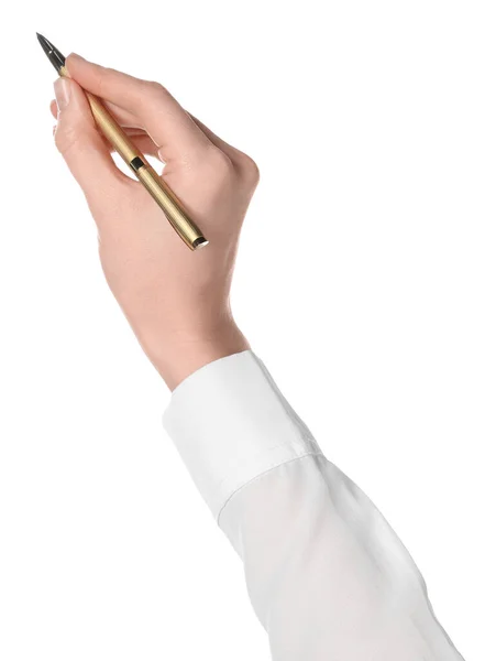 Woman Holding Pen White Background Closeup Hand — ストック写真