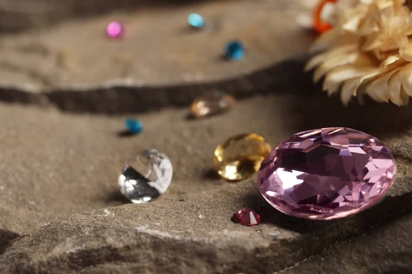 Different Beautiful Gemstones Jewelry Stone Surface Closeup Space Text — Fotografia de Stock