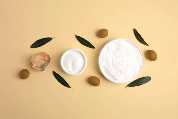 Natural Cosmetic Different Olive Creams Mineral Ingredient Beige Background Flat — Stock Photo, Image