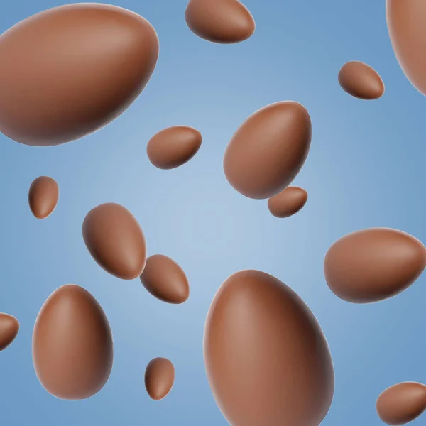 Many chocolate eggs falling on dusty blue background