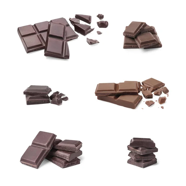 Collage Con Trozos Sabrosas Barras Chocolate Diferentes Sobre Fondo Blanco — Foto de Stock