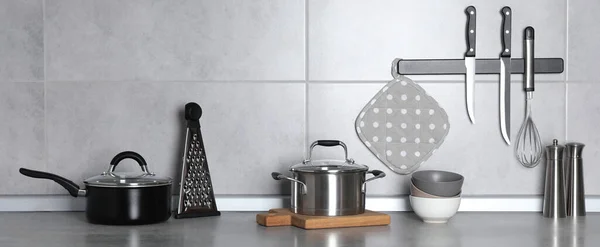 Set Cooking Utensils Cookware Grey Countertop Kitchen Banner Design — Stock Photo, Image