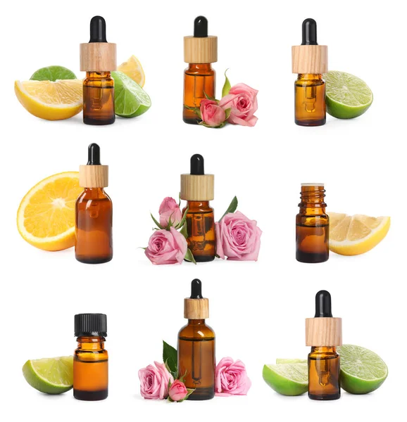 Rose Och Citrus Eteriska Oljor Och Ingredienser Vit Bakgrund Collage — Stockfoto
