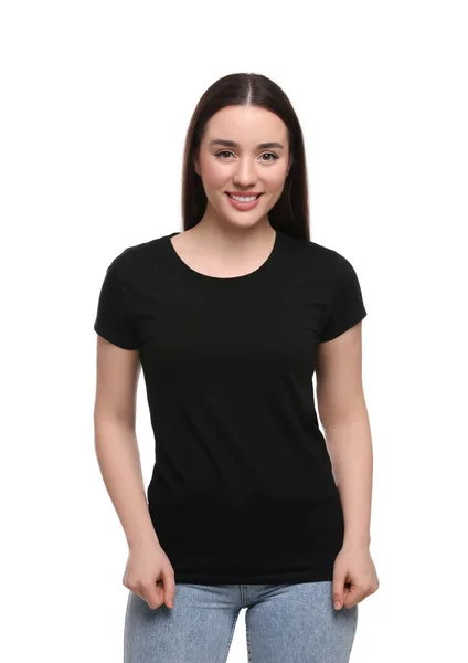 Frau Trägt Stylisches Schwarzes Shirt Auf Weißem Hintergrund — Stockfoto