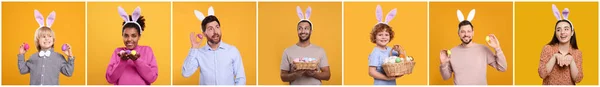 Easter Celebration Collage Photos People Bunny Ears Headbands Orange Background — Stock Photo, Image