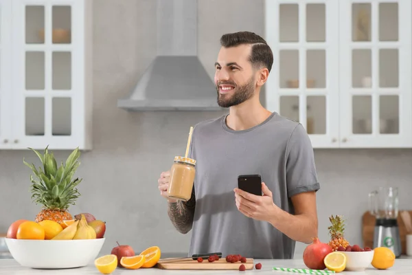 Handsome Man Delicious Smoothie Kitchen Space Text — Stock Photo, Image