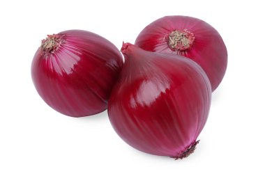 Many fresh red onions on white background