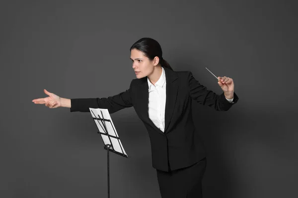 Happy Professional Conductor Baton Note Stand Grey Background — Stock Photo, Image
