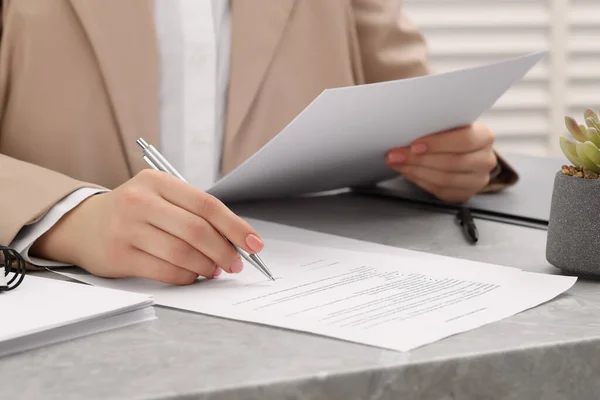 Woman Signing Document Table Closeup View — Foto de Stock