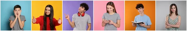 Photos Teenagers Different Color Backgrounds Collage — Stock Photo, Image