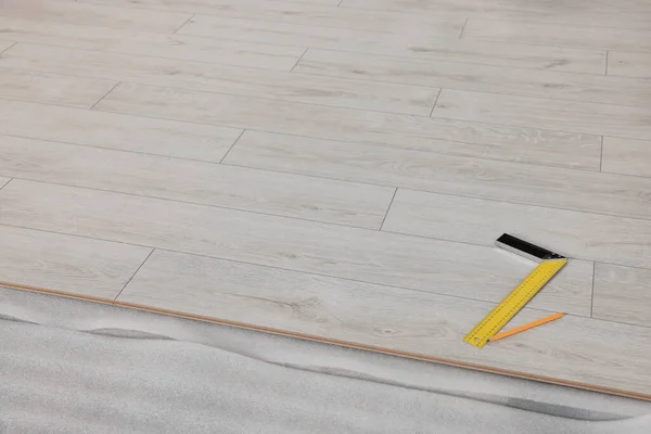 Ruler Pencil Parquet Planks Floor Room Prepared Renovation — Stock Photo, Image