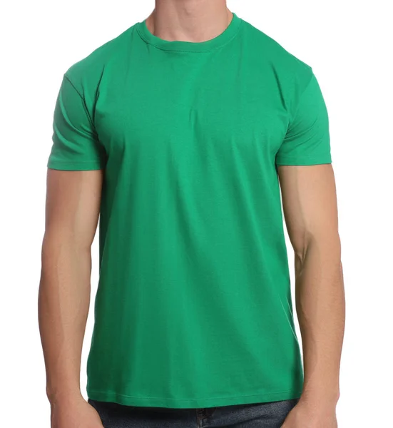 Man Wearing Green Shirt White Background Closeup Mockup Design — Stockfoto
