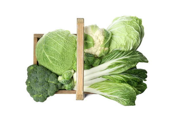 Wooden Crate Different Types Fresh Cabbage White Background Top View — 图库照片