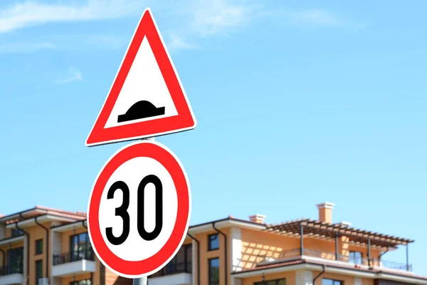 Post Different Road Signs Outdoors Sunny Day — Stock Photo, Image