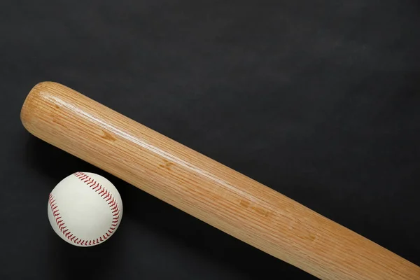 Wooden Baseball Bat Ball Black Background Flat Lay Space Text — Stok fotoğraf